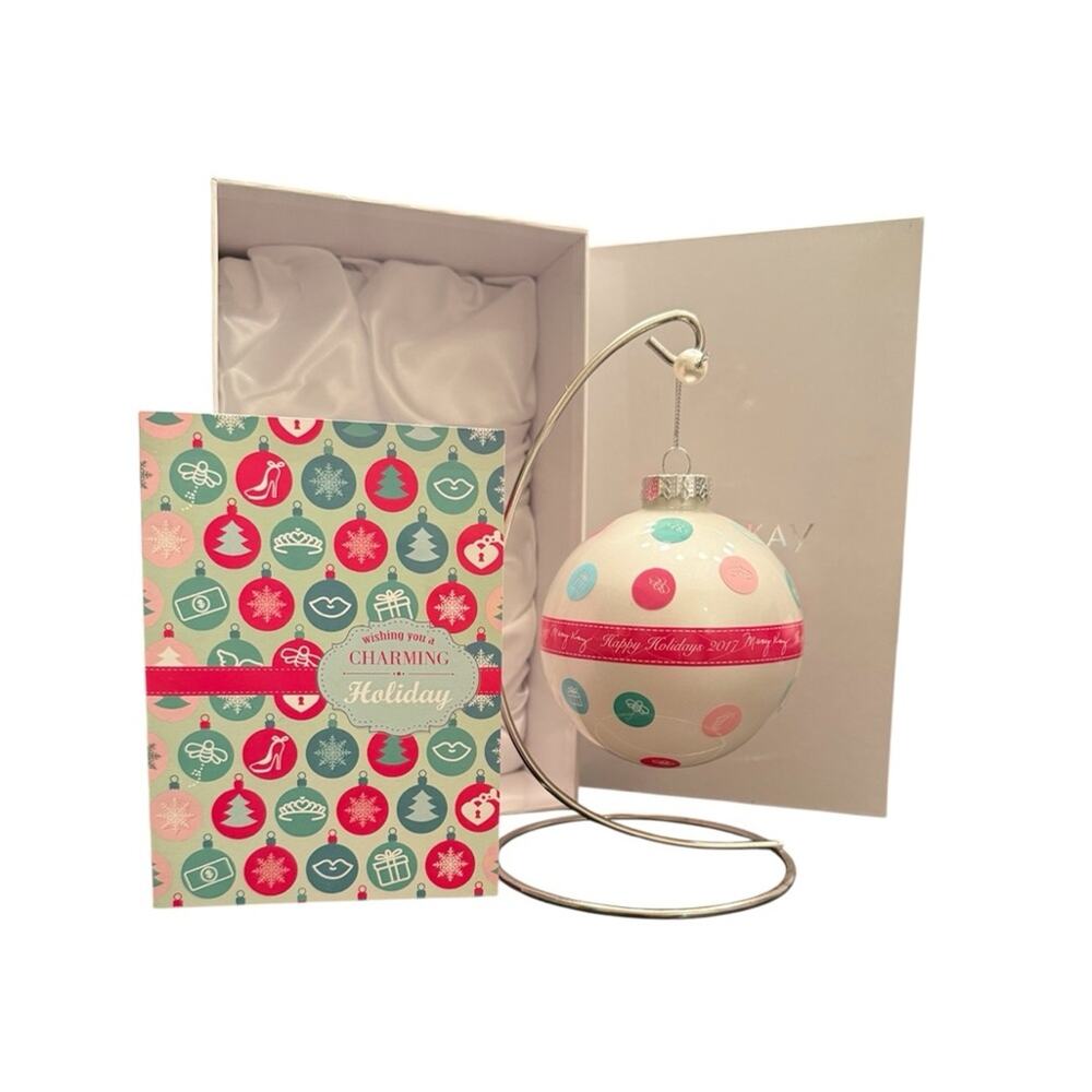 Mary Kay 2017 Glass Ornament Polka Dots Pink Teal Green Silver Ball with Stand